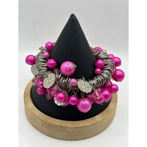 Chunky Pink Pearl & Silver Coil Statement Charm Bracelet Paparazzi